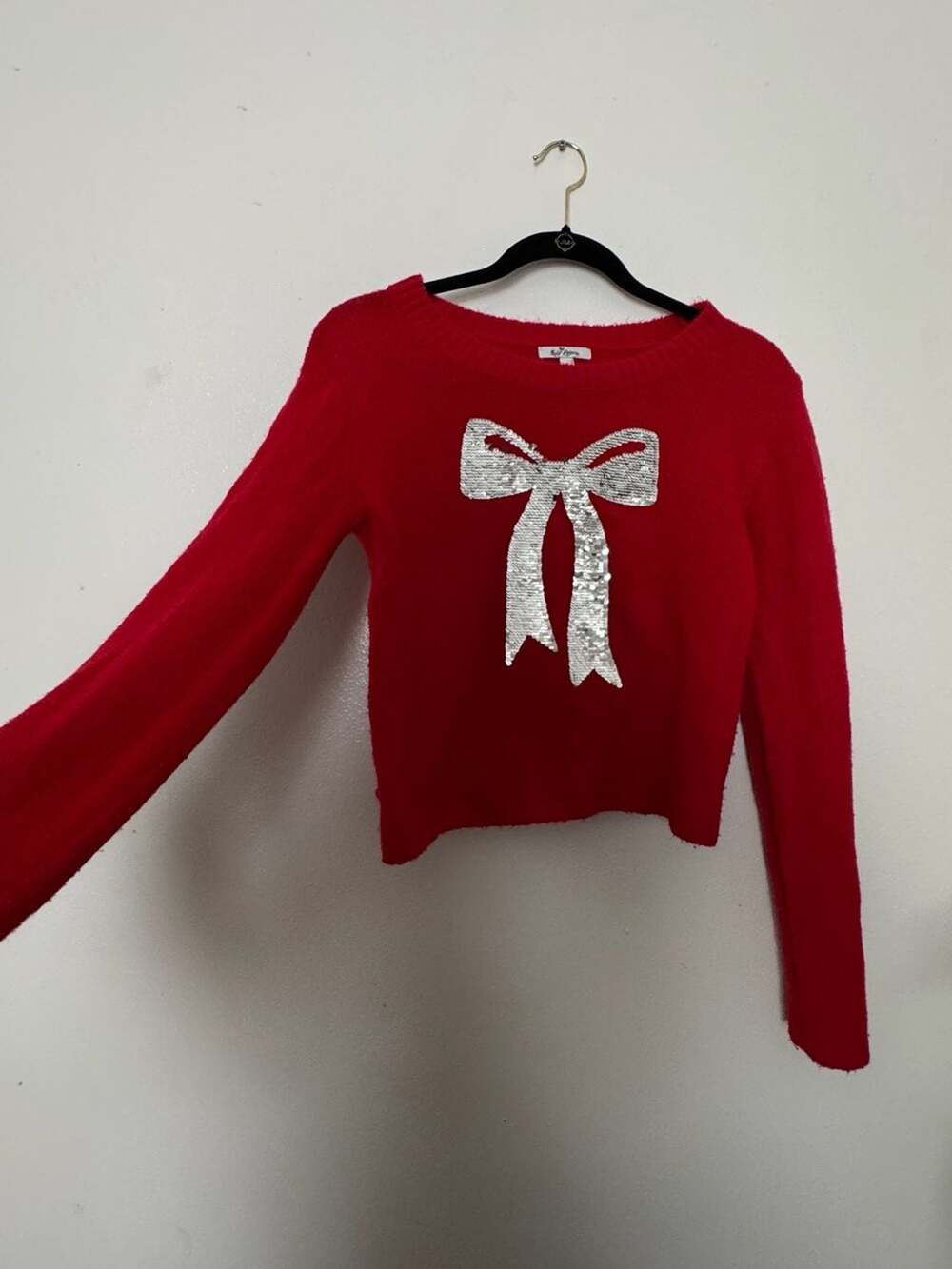 Self Esteem Women's Red Crew Neck Long Sleeve Fuzzy Sweater with Silver Sequin B